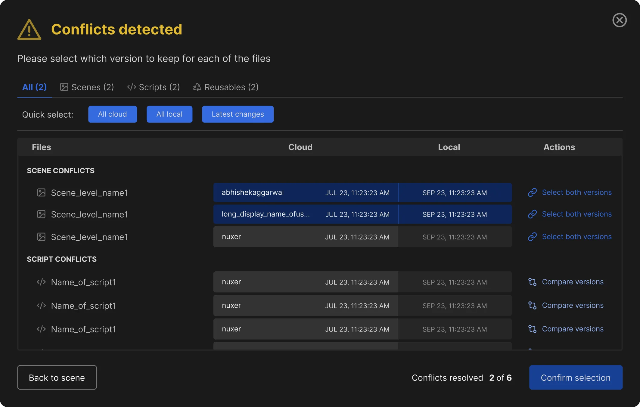 JAM conflict resolution: per-object conflict list with Cloud/Local timestamps