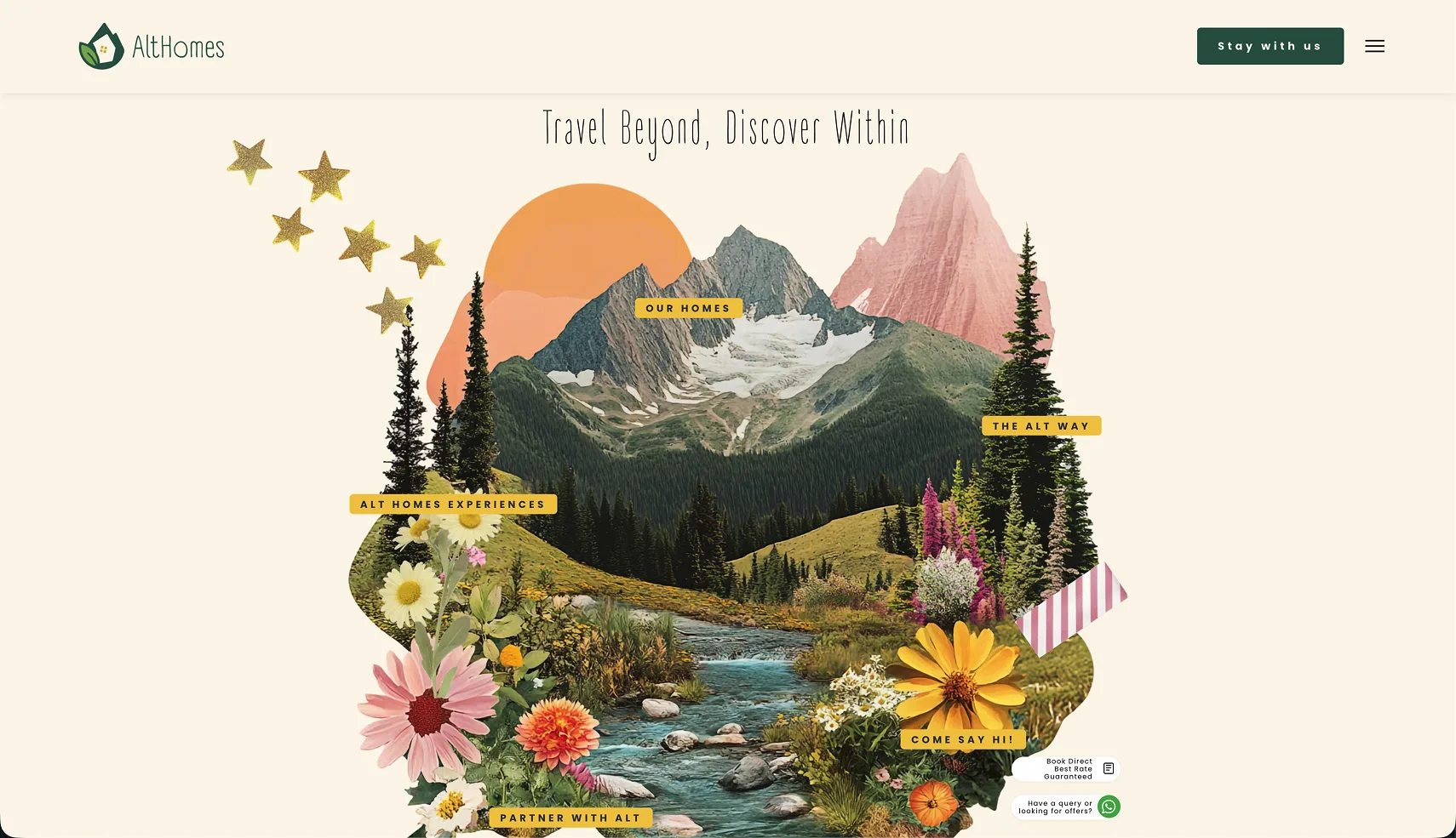 Althomes home page — an illustrated mountain-and-meadow collage with live booking navigation