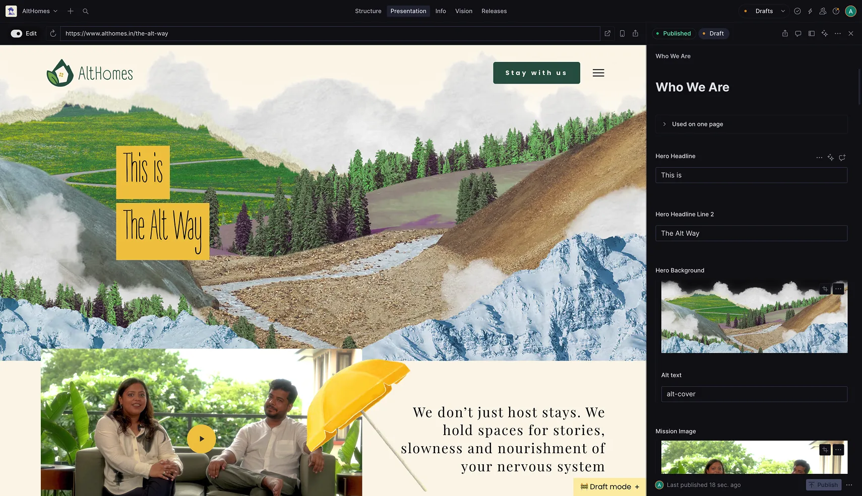 Althomes visual editor — the live site preview on the left, an editing panel for the Who We Are page on the right